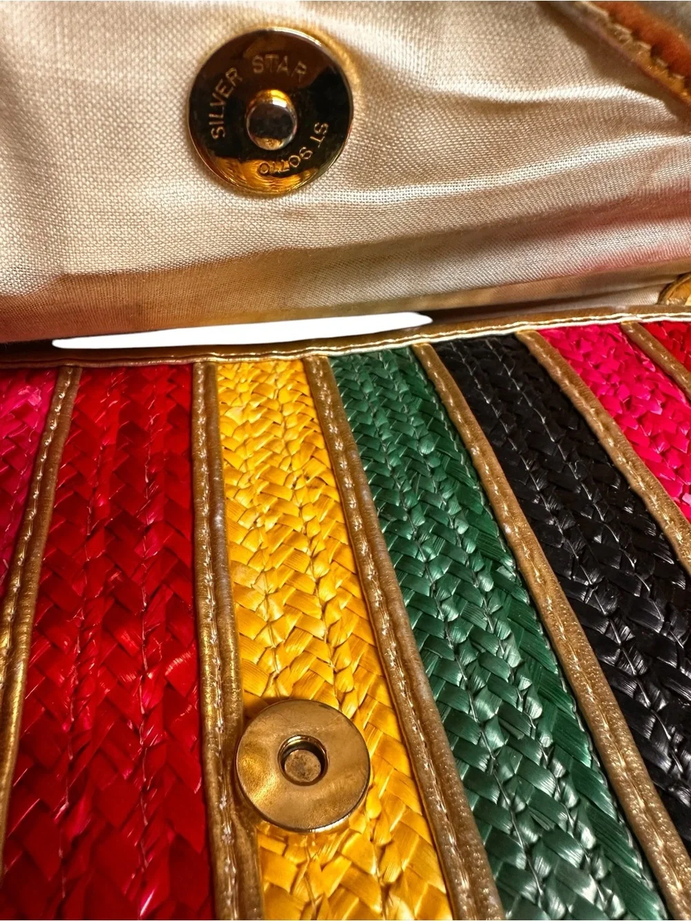 Vintage Rainbow &  Gold Woven Raffia Straw Envelope Clutch Resort